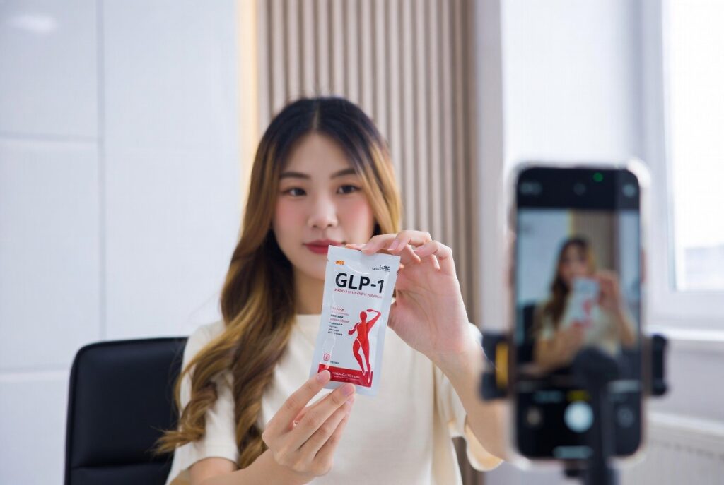 Influenciadora segurando embalagem de medicamento GLP-1 enquanto grava conteúdo.