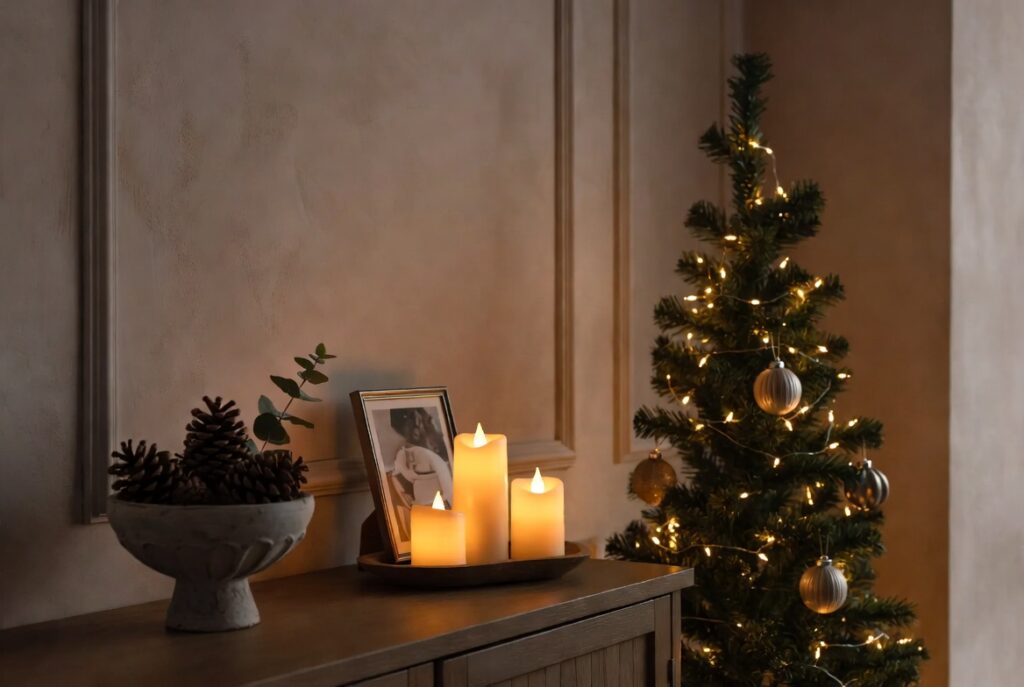 cantinho natalino com mini árvore, velas LED e arranjo natural sobre aparador de madeira