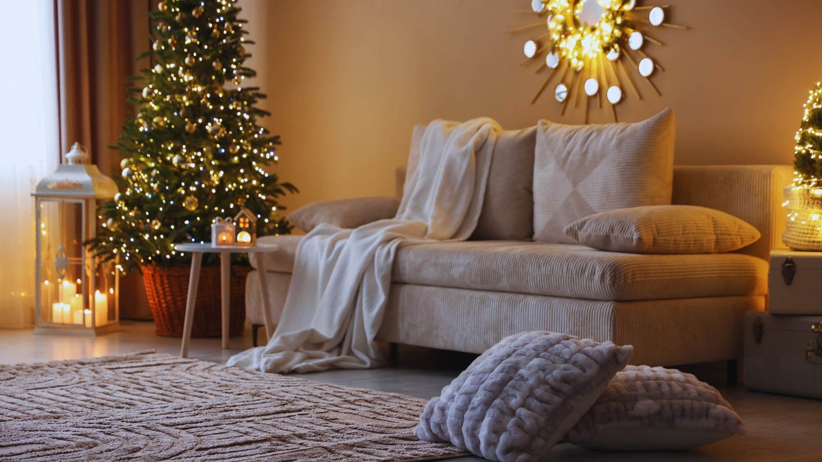 decoração de Natal simples e acolhedora com árvore minimalista, luzes quentes e texturas naturais