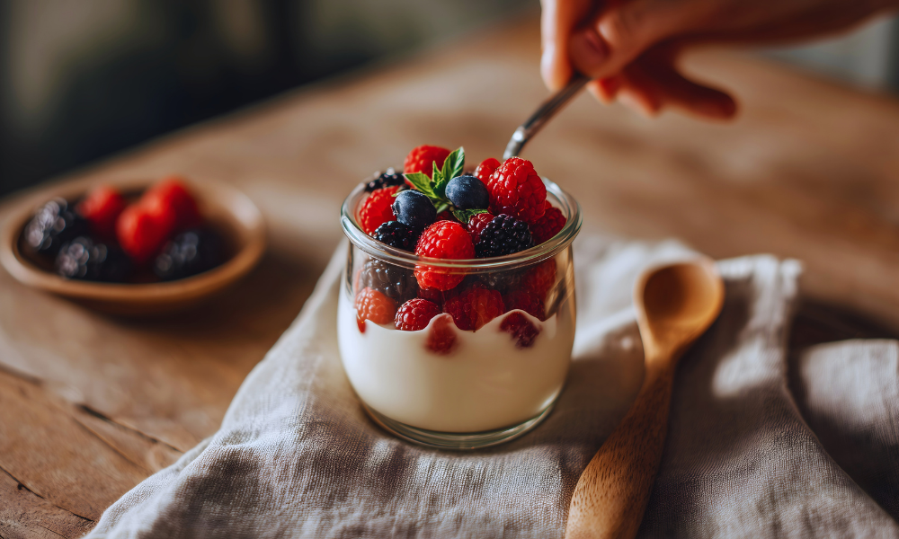 Lanche saudável com iogurte, frutas e castanhas que ajudam a manter energia