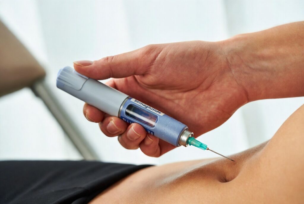 Mão aplicando caneta injetável de semaglutida em ambiente clínico