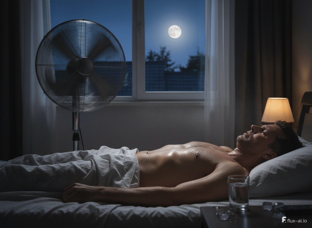 Pessoa dormindo com ventilador ligado em uma noite quente de verão para dormir melhor