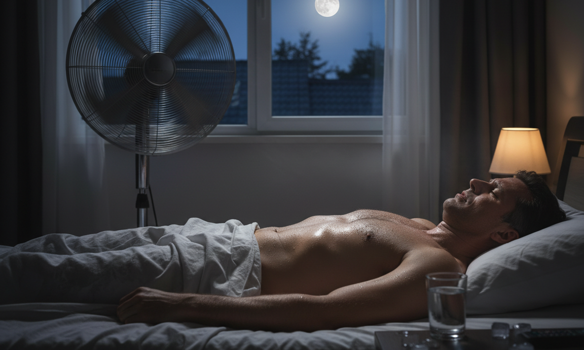 Pessoa dormindo com ventilador ligado em uma noite quente de verão para dormir melhor