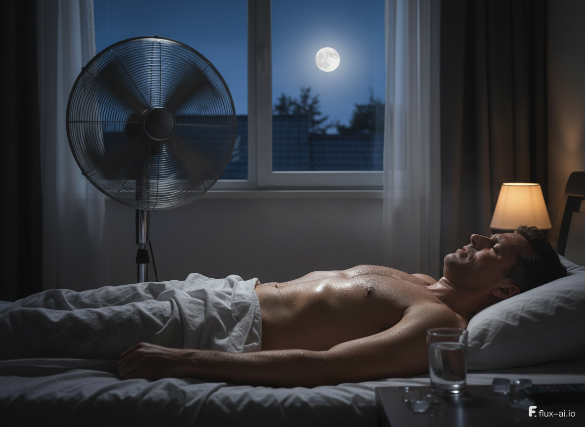 Pessoa dormindo com ventilador ligado em uma noite quente de verão para dormir melhor