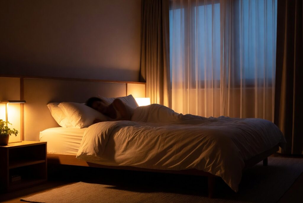 Ambiente noturno calmo com luz quente para ajudar a desacelerar a mente