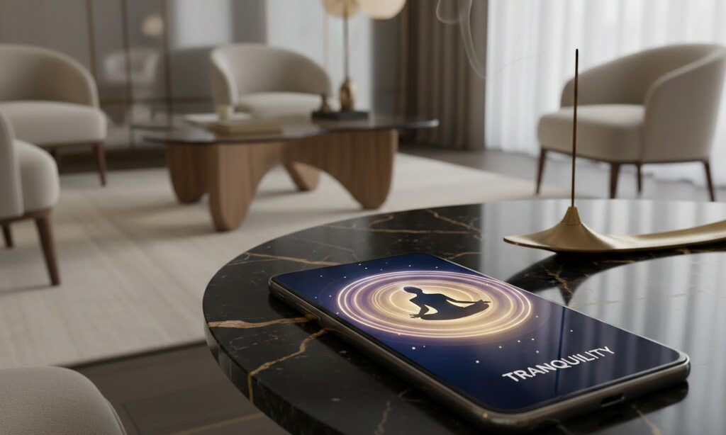 Smartphone mostrando app de meditação para sono e recuperação