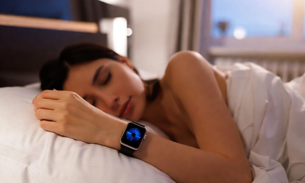 Pessoa dormindo com smartwatch monitorando sono