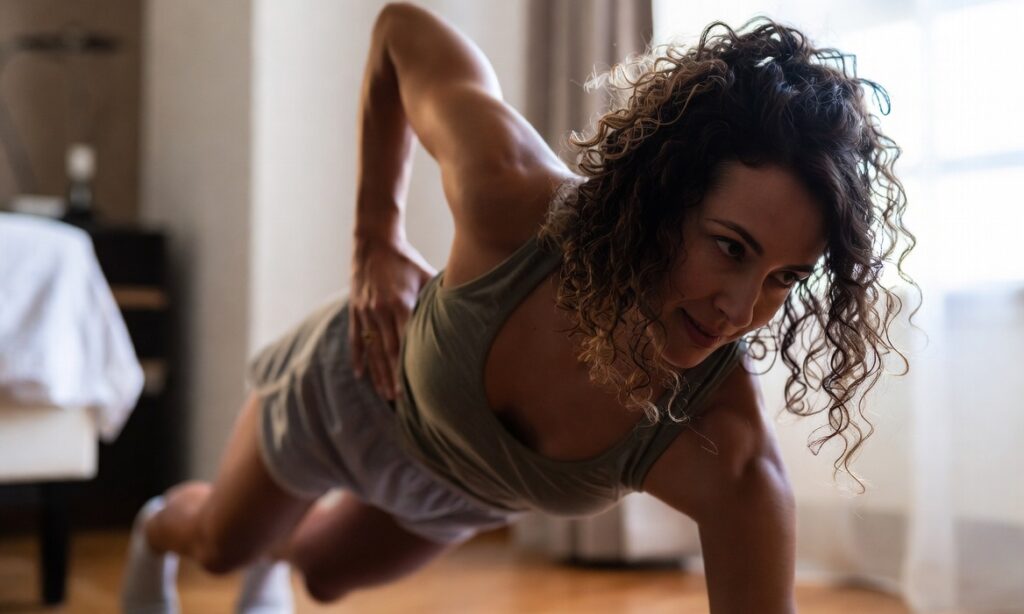 Pessoa realizando exercícios com peso corporal em casa