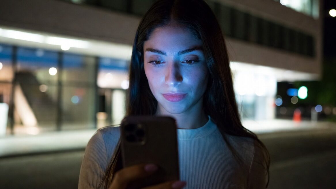 Pessoa olhando para tela de smartphone à noite com luz azul