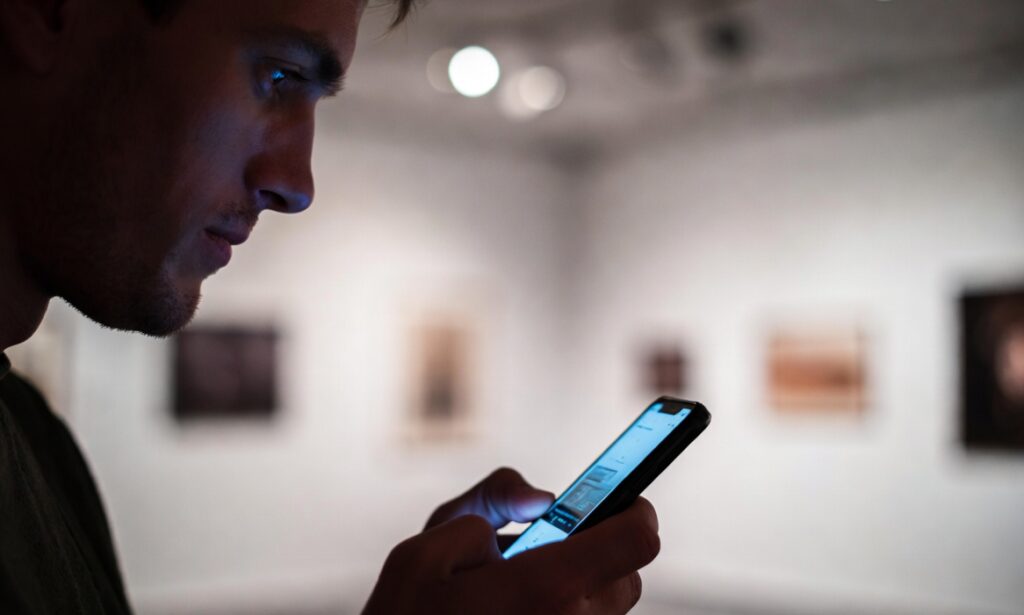 Pessoa usando celular à noite com luz azul visível mostrando saúde mental digital