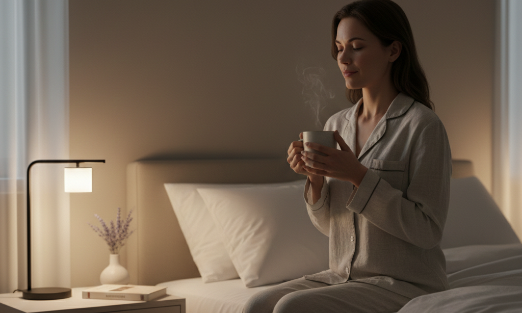 Pessoa tomando chá calmante à noite para melhorar o sono