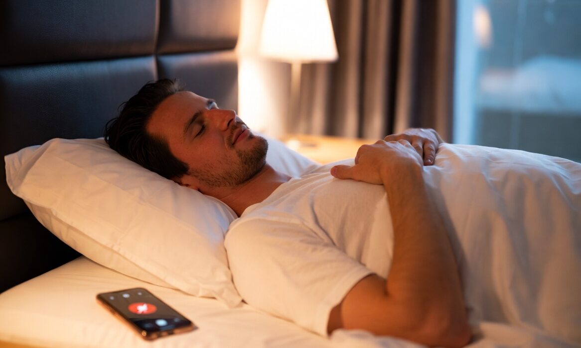 Pessoa relaxando na cama com smartphone em modo silencioso, ambiente moderno e iluminado